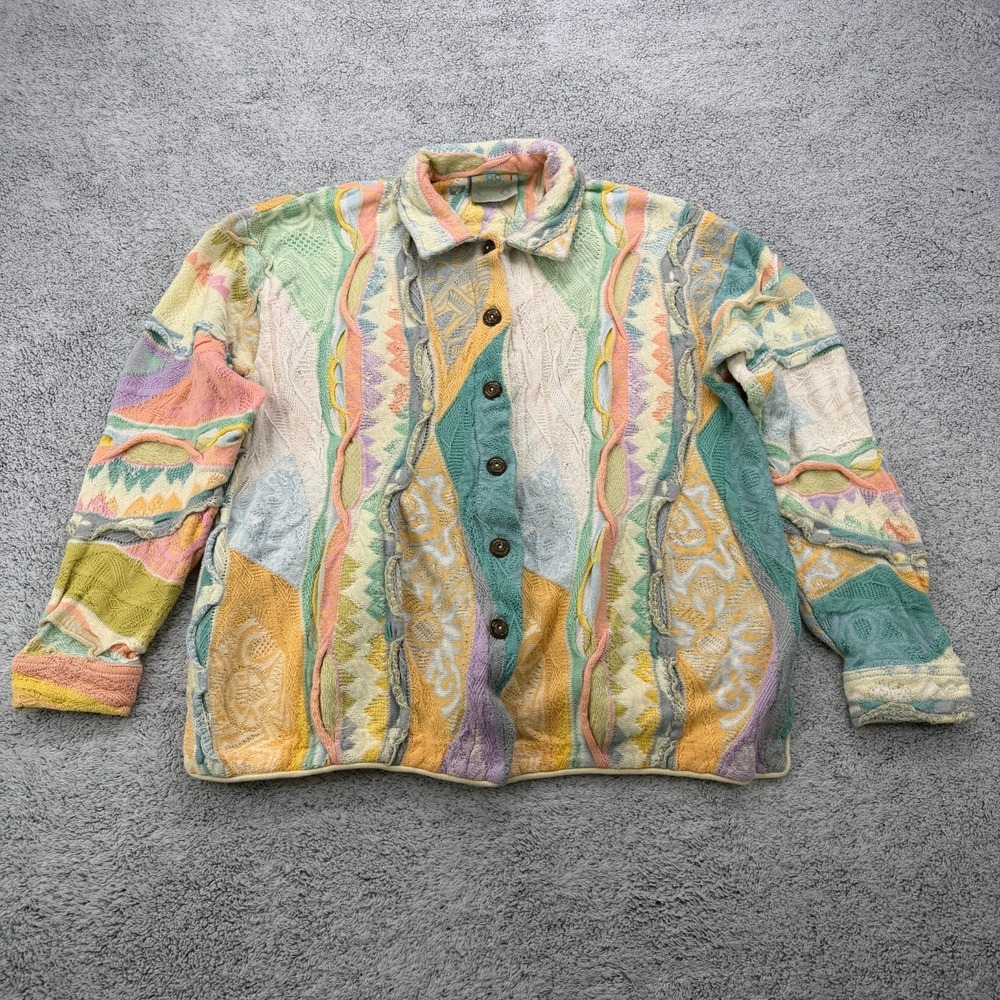 COOGI 3D Knit Cardigan Sweater Womens Large Pastel Easter Textured Abstract 90s